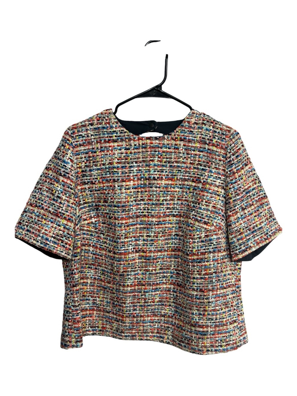 Akris Punto Multicolor Tweed Weave Cut Out Back Short-Sleeve Top Sz 14 EUC